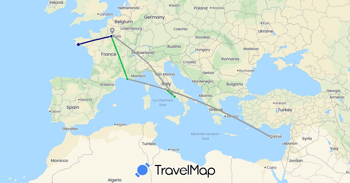 TravelMap itinerary: driving, bus, plane in Cyprus, France, Italy (Asia, Europe)